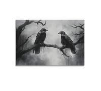 Dark Academia Canvas Wall Art Raven Picture Gothic Forest Black Birds on Tree Branch Poster Halloween Theme for Living Room Bedroom Home Wall Decor12x18inch(30x45cm)