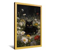 Dark Academia Cat Print Cottagecore Wall Art Macabre Halloween Decor Wildflower Canvas Wall Art Rustic Vintage Canvas Painting Indoor Decor for Home Living Room Bedroom Farmhouse Framed Ready to Hang