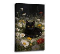 Dark Academia Cat Print Cottagecore Wall Art Macabre Halloween Decor Wildflower Canvas Wall Art Rustic Vintage Canvas Painting Indoor Decor for Home Living Room Bedroom Farmhouse Framed Ready to Hang