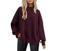 Dark Academia Clothing Women's Solid Color Fashion Casual Loose Knitted Split Round Neck Pullover Sweater Fleece Jumper Women (Wine, XL)