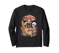 Dark Academia Skeleton Gaming Beneath a Woodland Mushroom Long Sleeve T-Shirt