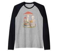 Dark Academia Skeleton Reading A Book By Wild Mushrooms Raglan Baseball Tee