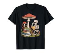 Dark Academia Skeleton Reading A Book By Wild Mushrooms T-Shirt