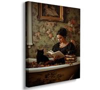 Dark Academia Witch Reading in Bathtub with Black Cat Wall Art, Gothic Vintage Floral Bathroom Canvas Print for Bedroom Decor 12x16in Wood Frame