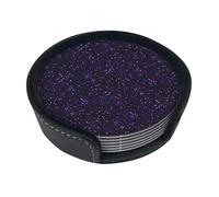 Dark Amethyst Purple Glitter,Set of 6 Round Coasters, Pu Leather Drinks Coasters with Holder for Home Office Kitchen