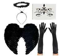 Dark Angel Accessory Set - Black Halo Headband, Black Feather Wings, Long Black Gloves and Black and Gold Face Gems - Perfect for Halloween & Other Fancy Dress