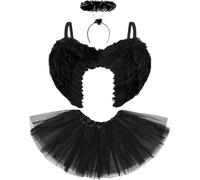 Dark Angel Costume Womens Halloween Outfit - Fallen Black Angel Wings and Halo with Tutu Halloween Costumes for Women - Dark Fairy Black Wings and Halo Adult Fancy Dress Accessories