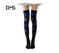 (dark blue) 1 Pair Winter Socks Rhombus Printing Over-the-knee Socks Warm Extra Loose Ankles Contrasting Color Stockings for Daily Wear Dancing