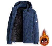 (dark blue, 3XL) Men's Camouflage Windproof Jacket with Removable Hood - Velvet-Lined for Autumn and Winter Mountaineering.