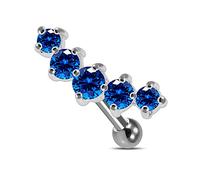 Dark Blue 5 CZ Stones in Curve Shaped Sterling Silver Tragus Cartilage Helix Piercing - Sold by Piece
