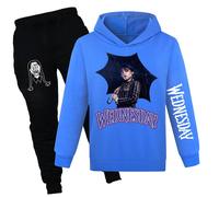 (Dark Blue, 9-10 Years) Wednesday Addams Print Tracksuit Kids Girls Casual Hooded Sweatshirt Jogger Pants Outfit Set Activewear