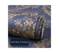 (Dark Blue A Damask) 10M AB European Gold Damask Stripes Wallpaper Embossed Textured Non-woven Roll