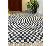 Dark Blue and Beige Boho Cotton Area Rug - Hand Block Printed Checkered Indian Dhurrie, Soft Washable Flat Weave Carpet for Living Room & Bedroom, Dining Space, Indoor (2.5x8 Feet, Runner)