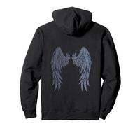 Dark Blue Angel Design on Back Pullover Hoodie, Adult Unisex, Black, Medium
