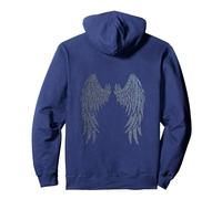 Dark Blue Angel Design on Back Pullover Hoodie, Adult Unisex, Navy Blue, X-Large