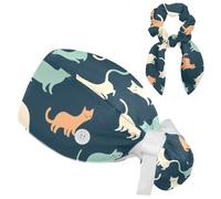 Dark Blue Background Cats Scrub Caps Women Nurse Hat Surgical Cap Bouffant Working Cap Button Sweatband