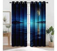 Dark Blue Blackout Curtains W 46" x L 90" - Dreamlike Sea Stars Full Moon Printed Thermal Insulated Opaque Curtains with Eyelets, 90 inch Long Noise Reducing Sliding Curtain 2 Panels