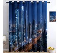 Dark Blue Blackout Eyelet Curtains, Modern Architecture Night Scene Street Printed Thermal Insulated Room Darkening Curtains for Bedroom Baby Nursery Living Room, W 46" x L 54" (2 Panels)