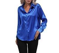 Dark Blue Blouse Satin Shirt Women's Satin Faux Silk Long Sleeve Shirt Spring and Summer European and American Women's Clothing Women's Long Sleeve Blouse Elegant, blue, XL