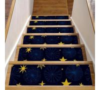 Dark Blue Boho Flower Stars Pattern Stair Treads for Wooden Steps, 15 Pack 30"x8" Non-Slip Indoor Stair Runner Stair Rugs Mats Covers for Dogs, Kids, Elder with Reusable Adhesive