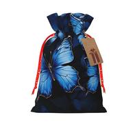 Dark Blue Butterflies Christmas Gift Bags with Tags & Ribbon Ties, Xmas Drawstring Candy Treat Bag Christmas Gifts Sacks Reusable Gift Wrapping Bags for Holiday Party Favors Medium