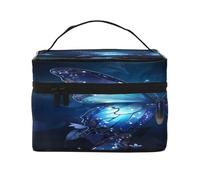 Dark Blue Butterflies -Print Waterproof Large Cosmetic Bag for Travel & Gym, Makeup Organizer with 4 Elastic Straps & Compartments,Premium Twill Fabric.