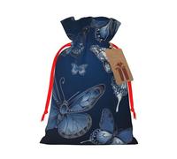 Dark Blue Butterflies Printed Christmas Drawstring Bags,M | Reusable Xmas Gift Storage Bags, Red Ribbon