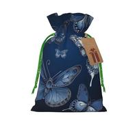 Dark Blue Butterflies Printed Christmas Drawstring Bags,S | Reusable Xmas Gift Storage Bags, Green Christmas Ribbon