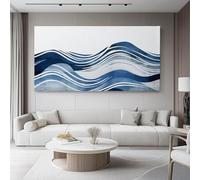 Dark Blue Cream Unframed Canvas Wall Art, Watercolor Abstract Modern Waves Pictures Painting on Canvas Prints for Living Room Bedroom Bathroom Kitchen Hallway Ready To Hang - 61 x 41 cm