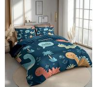Dark Blue Cute Cartoon Dinosaur Pattern Quilt Cover Set King Size, Reversible Easy Care Bed Linen with 2 Pillowcases 50x75cm for Bedroom