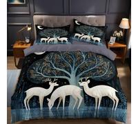 Dark Blue Duvet Cover Set Three White Deer Under the Moon 3 Pcs Bedding Set with Quilt Cover 230x220 cm and 2 Pillowcases, Brushed Microfibre Ultra Soft Anti-Allergic Easy Care