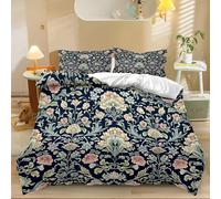 Dark Blue Duvet Cover Set William Morris Flowers Leaves Printed Bedding Duvet Cover with Zipper Closure, 3 Pieces (1 Duvet Cover + 2 Pillow cases), Soft Comfortable Microfiber Duvet Cover 220x230cm