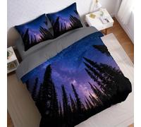 Dark Blue Duvet Cover Sets Emperor Size Starry Forest Printed Bedding Set 3 Pcs Microfiber Soft Quilt Cover 290x235 cm & 2 Pillowcases 50x75 cm with Zipper Closure