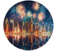 Dark Blue Easy to Clean Round Area Rugs, Architectural New Year'S Eve Fireworks Print Theme Carpet, Low-Pile Home Decoration Carpet with Non-Slip Backing for Living Room Bedroom Bedside Rug, 100cm