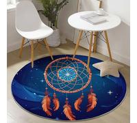 Dark Blue Easy to Clean Round Area Rugs, Cute Doodle Bohemian Dream Catcher Print Theme Carpet, Low-Pile Home Decoration Carpet with Non-Slip Backing for Living Room Bedroom Bedside Kids Rug, 180 cm