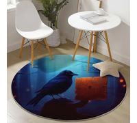 Dark Blue Easy to Clean Round Area Rugs, Gothic Animated Raven Print Theme Carpet, Low-Pile Home Decoration Carpet with Non-Slip Backing for Living Room Bedroom Bedside Kids Rug, 180 cm