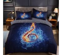 Dark Blue Emperor Size Duvet Set Music rock notes Microfiber Quilt Cover Soft Breathable Wrinkle Resistant Bedding Set 290x235 cm with Hidden Zipper for Bedroom Decor