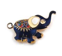 Dark Blue Enamel Elephant Brooch in Black Tone Metal - 55mm Across