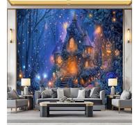 Dark Blue Fantasy Wallpaper Cartoon Fairy House Forest Themed Wallpaper for Living Room and Bedroom, Non-Woven Premium Art Print Fleece Wall Mural Decoration Poster Picture - 200 x 140 cm