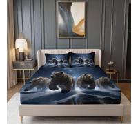 Dark Blue Fitted Sheet for Teenagers Adults Child - Surrealism Animals Bears Printed Breathable Soft Microfiber Bedding Small Double Size, Easy Care Fitted Sheets 30cm Extra Deepd