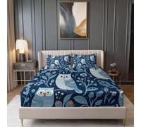 Dark Blue Fitted Sheets Bedding Sheets, Cartoon Abstract Owl Plant Print Double King Single Size Bed for Deep Pocket 30cm - Shrinkage Fade Resistant Easy Care Super King