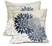 Dark Blue Flower Pillow Covers 18x18 Grey Gray White Dahlia Floral Spring Decorative Throw Pillows Farmhouse Outdoor Seasonal Decor for Home Sofa Bed Couch Modern Square Cushion Cases, Set of 2