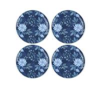 Dark Blue Flowers Coaster Set - Round Glass Blue Floral Design Gift - Set of Four (4) Drinks Coasters