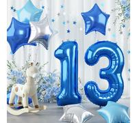 Dark Blue Foil Balloon Number 13, 40 Inch Giant Light Metallic Blue Mylar Balloon, Royal Blue Silver Star Self Inflating Helium Number 13 Balloon for Boys 13th Birthday Graduation Party Decorations
