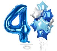 Dark Blue Foil Balloon Number 4, 40 Inch Giant Light Metallic Blue Mylar 4 Balloon Decor, Royal Blue Silver Star Self Inflating Helium Number 4 Balloon for Boys 4th Birthday Party Decoration Supplies