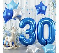 Dark Blue Foil Giant 40 Inch Metallic Blue Mylar Balloon, Royal Blue Silver Star Self Inflating Helium Number 30 Balloon for Men's 30th Birthday Party Decorations
