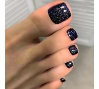 Dark Blue Glitter Gel False Toenails with Starry Sparkle - Short Square Press On Toenails for Women, Elegant Touch Fake Nails Set in 12 Sizes, Full Cover Stick On Toe Nails, Glitter Dark Blue False,