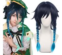 Dark Blue Gradient Double Braids Cosplay Wig with Bangs Heat Resistant Synthetic Hairs for Women Men Halloween Cos Anime Party Replacement Wigs