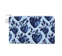 Dark Blue Heart Pattern Small Canvas Coin Purse Change Zippered Pouch Wallet Organizer Bags 7.4 X 4.6 Inch