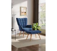 Dark Blue Linen Upholstered Armchair with Footstool H&O Direct Dark Blue One Size